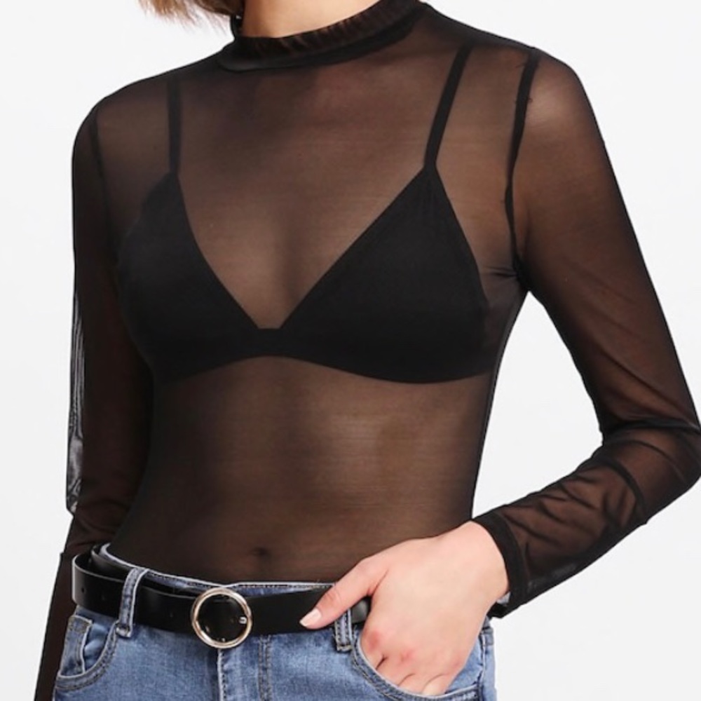 Mock neck sheer mesh top